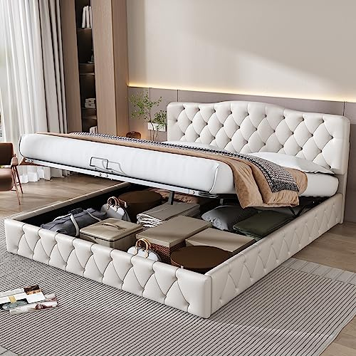 Azkoeesy Letto matrimoniale imbottito 180 x 200 cm con contenitore idraulico, con bottoni e trapuntatura a diamante, struttura in metallo, fondo in tessuto, rivestimento in PU (bianco)
