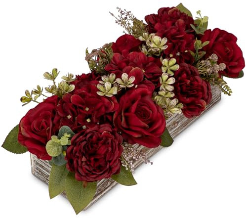 Hortensien Kunstblumen in Holzvase, Kunstblumen im Topf, Künstliche Topfblumen, Rosen, Pfingstrosen, Hortensien, Tafelaufsätze für Tischdekoration, Wohnzimmer, Innenbereich, Zuhause, Badezimmer