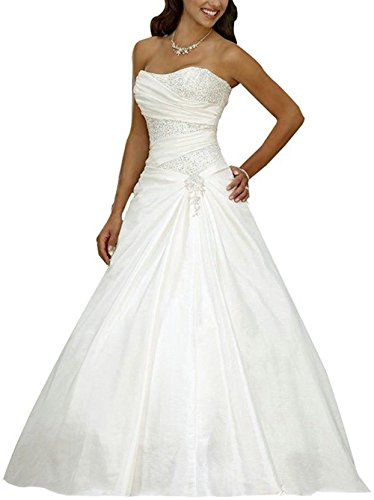 SEVENYXX Abiti da Sposa Abiti da Sposa Lungo Principessa Donna Raso a Line Plissettato con Paillettes, Bianco, 44