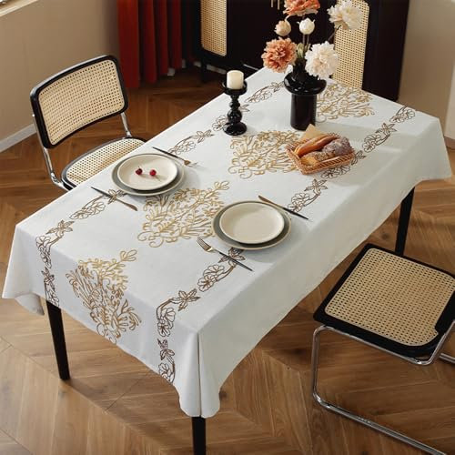 IBEQUEM Elegante Damast Tischdecke, Beige Baumwolle Leinen Barock Tischdecke, Klassische Vintage Falten und Flecken beständige waschbare Tischschutz für Esszimmer Küche Party (Rechteckig-140 * 200)