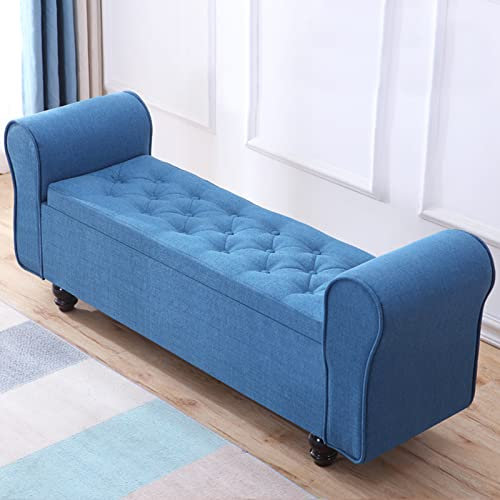 Upholstered Vintage Storage Ottoman - Foot Stool For Bedroom Living Room with Wood Legs, Tufted Linen Armed Storage Bench