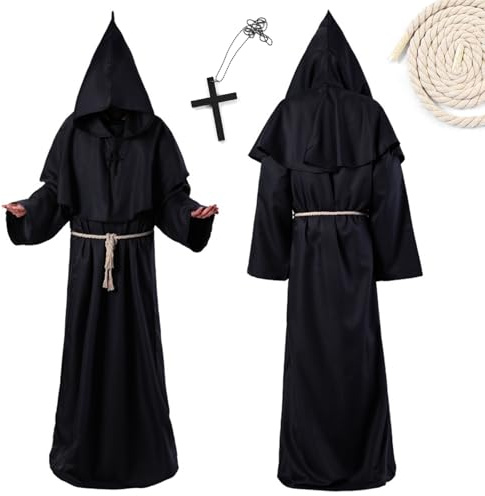 Costume da monaco, Costume da Monaco Medievale, Abito da Mago per Adulto, Nero Abito Talare Costume, Mantello con Cappuccio, con Collana e Corda in Vita, per feste Cosplay, Halloween, Carnevale (XL)