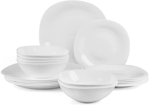 LaGlint Juego de Vajilla 18 Piezas Blanco, Cuadrado Vidrio Opalino Vajilla para 6 Personas con 6 Platos Llanos, 6 Platos de Postre y 6 Cuencos de Cereales, Aptos para Lavavajillas y Microondas
