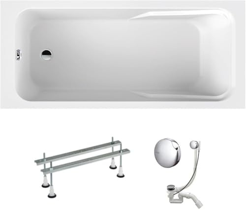 VBChome Badkar 170 x 75 cm vit akryl badfötter sifonbadkar rektangulär design modern avloppssats i krom