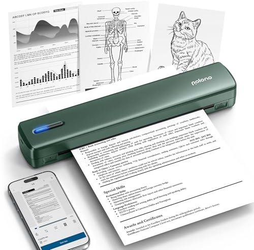 POLONO Thermodrucker A4 Wireless für Reisen, Mobiler Drucker A4 Unterstützung für 8.5x11 US Brief, Tragbarer drucker Kompatibel mit iOS, Android, Laptop für Büro, Auto, Blackish Green