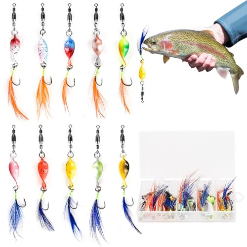 bssmmai Spoons - 10 esche per trota, con ardiglione, con ciondolo in rame, trota wobbler, spinner pesca con paillettes a spirale, set di esche da pesca con molla