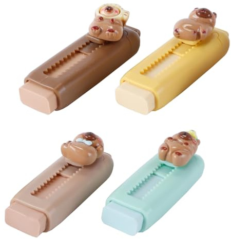 Ausi Lot de 4 gommes rétractables Capybara, gommes animaux, adaptées aux étudiants (marron foncé, marron clair, jaune, vert)