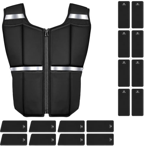 ONETWOFIT Gilet con pesi uomo regolabile da 20 kg,Gilet zavorrato per camminare con cerniera/16 pesi in silicone/Ferro, per allenamento della forza,camminata,palestra,strisce riflettenti (Nero-1)