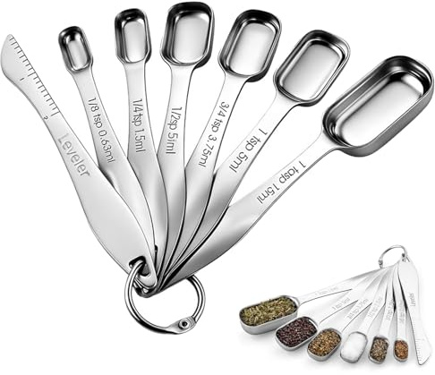 INNAL 7 Piezas Cucharas Medidoras de 18/8 Acero Inoxidable Cucharadita Cuadrada de Metal con Nivelador Cuchara Medidora para Medir Líquidos y Los Ingredientes Secos