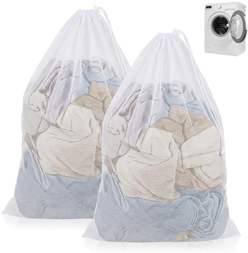 BLNC Juego de 2 Bolsas de Lavandería, 70x90cm Bolsas de Malla para Lavadora, Red de Lavado Grande con Cordón Ajustable para Ropa de Cama, Peluches y Almacenaje, Blanco