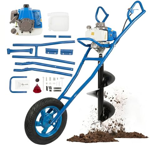 LENJKYYO Tarière Thermique 63cc 2 Temps 2,2kW, Tarière à Essence avec Roue, Forage 300mm, Tariere Thermique pour Perceuse de Terre, Outil Creuser Trou pour Agriculture Jardin