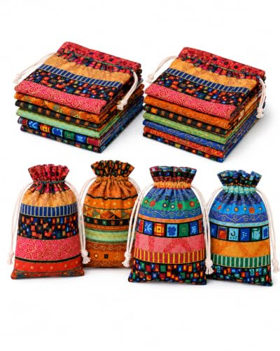 AEIOPRS 12 Bolsitas de Tela Pequeñas 10x14 cm, Bolsas de Tela para Regalo de Algodón y Lino con Estampado Dorado y Cordón, Saquitos para Joyas, Lavanda, Detalles de Boda y Navidad