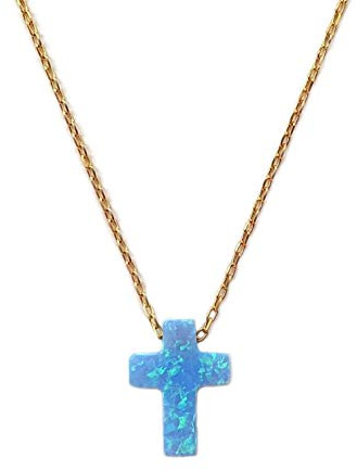 MYSTIC JEWELS by Dalia - Halskette mit Kreuz-Anhänger, 925er Sterlingsilber, synthetischer Opal, Länge 40 cm + 5 cm, verstellbar (Silber goldfarben)