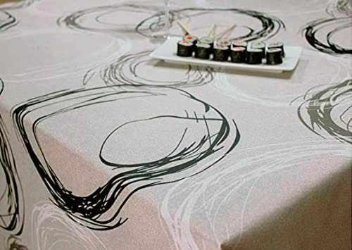 HuleHule Mantel de Tela resinada Turner con Estampados de círculos Negros y Blancos sobre una Base Gris. Libre de PCV, no Necesita Lavadora. Mantelería Anti-Manchas. (140_cm_Redondo)