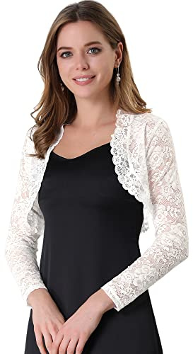 Allegra K Boléro Dentelle Florale Femme Cardigan Court Ouvert Devant à Manches Longues Boléro Élégant pour Invité de Mariage et Cocktail Gilet Court Demi-Transparent Blanc L