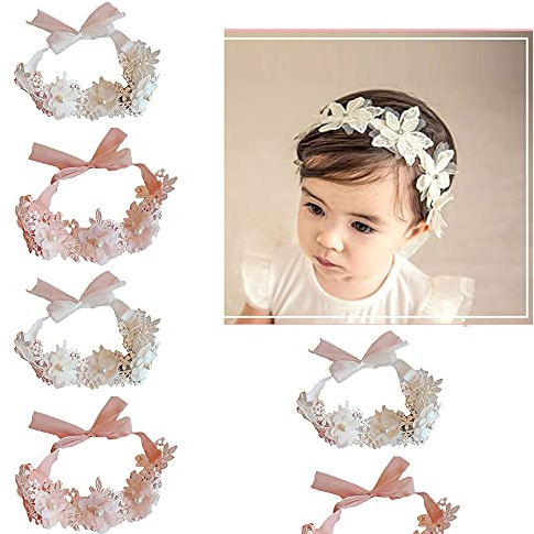 FEIFEI'S BOW 2PCS Newborn Infant Toddler Baby Girls Lace Pearl Flower Ribbon Headband Soft Elastic Bow Knot Hair Band Hairband (G)