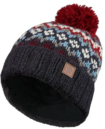 Herr ull mössa tofsmössa fleecefodrad handstickad röd Fairisle en storlek handgjord extra varm Pachamama Fair Trade, Röd, marinblå, vit