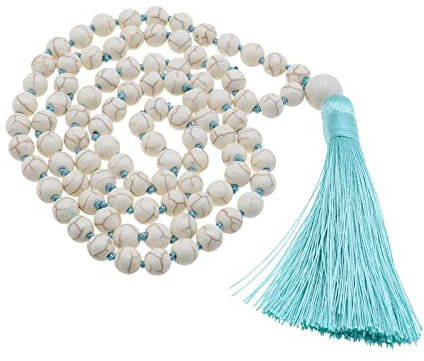 ECSiNG 8mm Weiß Türkis Halskette Boho Vintage Lange Perlen Quaste Handgefertigt-Knoten Retro Halskette Runde Kugel Perle Edelstein Anhänger Schmuck für Frauen 52cm