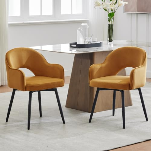 chairus Esszimmerstühle 2er Set Samt 360° Drehbare Küchenstühle Polsterstuhl mit Metallbeine Drehstühle Küche mit Armlehne (Gelb)