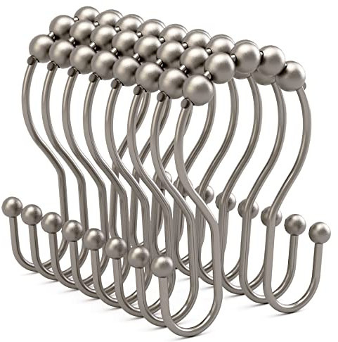 Bathway Shower Curtain Hooks Rust Proof Shower Curtain Rings, Smooth Glide Double Hook Shower Curtain Hooks,Shower Hooks for Shower Curtain Matte Nickel Shower Rod Hooks Shower Curtain Hangers 12Pcs