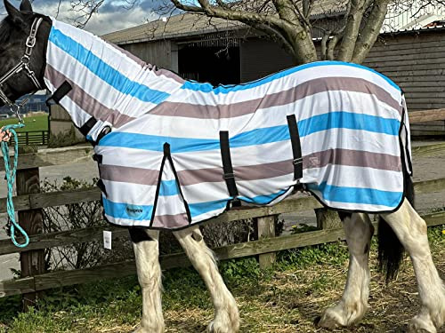 Countrypride Equipride Premium Quality Horse Fly Rug Fly Sheet with Neck & Mask 3'0 inch to 7'3 inch (4'3 inch),Blue/Light Brown/White