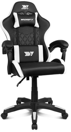 Drift Gaming DR35 - Silla Profesional, Polipiel, Reposabrazos Acolchados, Pistón Clase 3, Base Nylon Reforzada, Asiento basculante, Altura Regulable, Cojín Lumbar/Cervical, Negro/Blanco