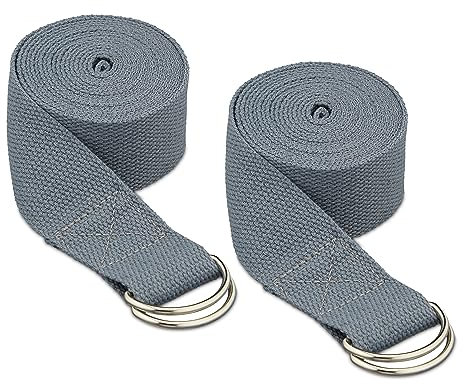 Relaxdays Yogagurt 2er Set, Dehnungshilfe, 250 x 3,8 cm, Yogaband für Anfänger und Fortgeschrittene, Baumwolle, grau