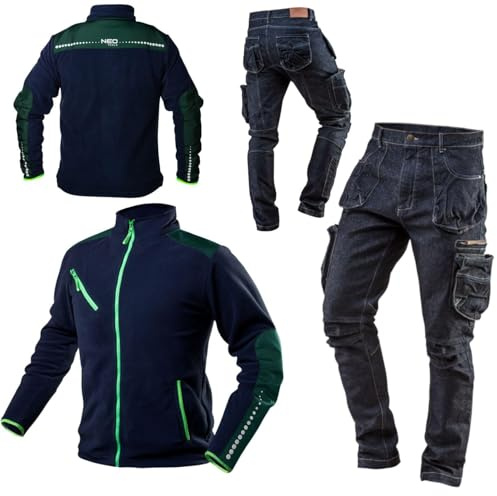 NEO TOOLS Pantalon de Travail en Denim ou Ensemble pour Homme, Long, 8 Poches, Taille XS à 3XL, Coutures renforcées, Zone des Genoux profilée, Tissu mélangé 98% Coton, 2% élasthanne, 410 g/m²,
