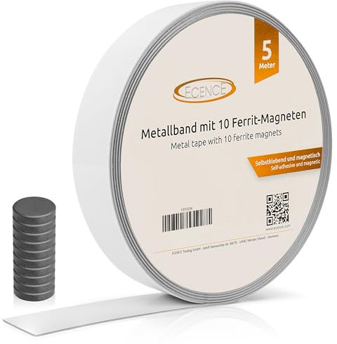 ECENCE Metallband selbstklebend, (5m), Ferroband Weiss, Magnetband selbstklebend, (35mm Breite) Eisenband, Stahlband, inkl 10x Ferrit Magnete