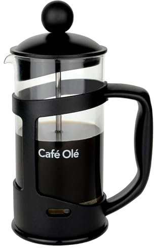 Café Olé Everyday Cafetière, French Press coffee maker, stainless steel mesh filter, glass body with robust plastic frame, Black, 350ml (3 cups, 1 mug)