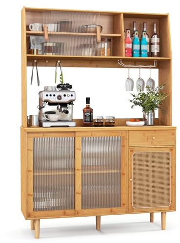 COSTWAY Buffetschrank mit Aufsatz, Küchenschrank Bambus, Küchenbuffet mit Schiebetür & Rattantür & Haken & Glashalter & Schublade, Vorratsschrank Vitrinenschrank Landhausstil, Natur