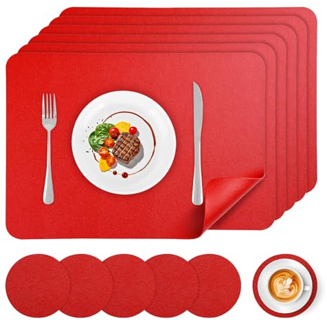 APLKER Tovagliette in Pelle Set di 6 Tovaglietta Americana Lavabili Impermeabili Antiscivolo Resistenti al Calore, Rettangolari Set Tovagliette, 16.9 x 11.8 Inch (43 x 30 CM)-Rosso