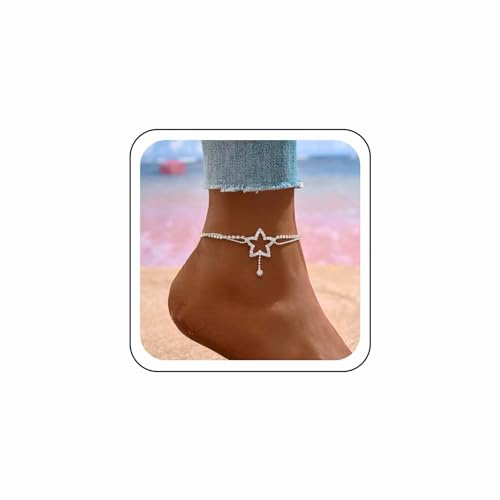 Wendalern Argento Stella Cavigliera Diamante Strass Cavigliera Stella Cava Stratificato Perline Catena Cavigliera Tennis Estate Spiaggia Cristallo Catena Cavigliera Gioielli Piede Per Le Donne
