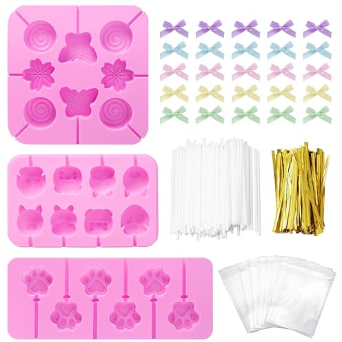 Sixfolo 3 Piezas Moldes para Piruletas Moldes para Piruletas de Chocolate Moldes de Silicona Caramelo Duro con Palillos de Piruleta Bolsas Cintas y Lazos para Hacer Dulces Chocolate Caramelo