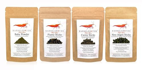 GARNELEN4YOU® Probeset Hauptfutter – Premium Garnelenfutter – für Caridina & Neocaridina Garnelen, Krebse & Schnecken – nachhaltige Verpackung – regionale Herstellung in Deutschland - 4X 10 g