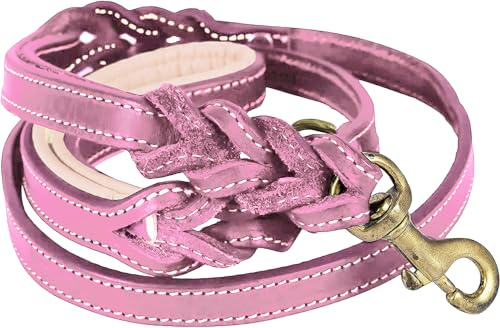 DowgClub Leather Dog Leash - 6ft x ¾ Inch, Dual Handle with Soft Padded Grip, Hand-Braided Full Grain Leather with Traffic Handle for Medium to XL Dogs (Blush Pink with D Ring)