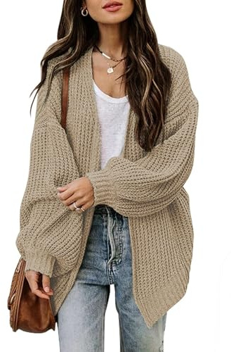 Jhsnjnr Women's Oversized Long Lantern Sleeve Sweater Outwear Open Front Chunky Knit Cardigans Khaki