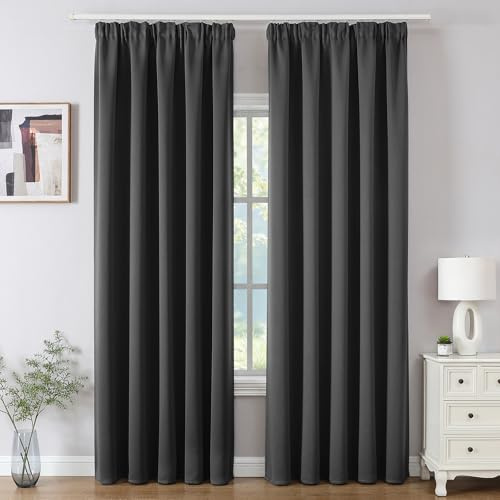 Joydeco Cortinas Opaca Termicas Aislantes Frio y Calor An 140 x Al 260 Gris Oscuro 2 Piezas Cinta Fruncidora Riel para Salon Dormitorio