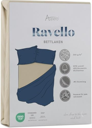 Spannbettlaken aus weichem Lyocell-Baumwoll Material mit 35 cm Steghöhe - atmungsaktives Spann-Betttuch Baumwoll-Bettlaken Laken Farbe 1 x Beige Größe 180-200 cm x 200 cm x 35 cm