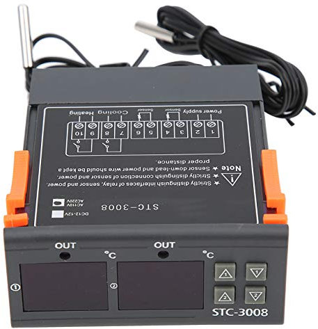 STC-3008 Digital Termostat, Dual Display Dual Probe Sensor Justerbar Termostat Controller för Gård, Kylskåp, Växthus, Akvarium (110-220V)