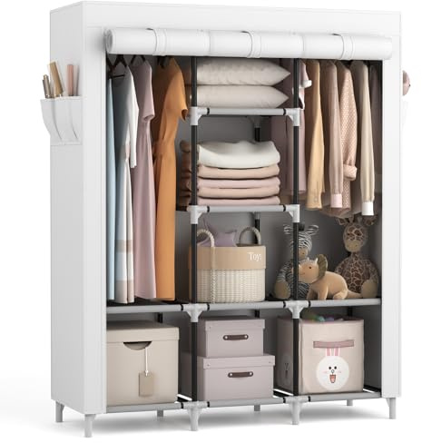 VTRIN Portable Closet Wardrobe for Hanging Clothes with 2 Hanging Rods and 8 Storage Organizer Shelves,Sturdy Large Wardrobe Closet for Bedroom Free Standing Clothes Rack with Cover,White