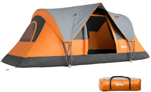 Outsunny 5-6 Man Camping Tent Tunnel Tent UV Protection 3000mm Water Resistant Hiking Shelter with Groundsheet and Carry Bag - Orange