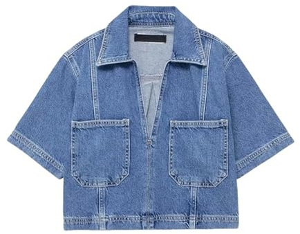 Generisch Camiseta de mezclilla con cuello en V para mujer, estilo Y2K, camisa vaquera de manga corta y bolsillos con solapa, ajuste ceñido