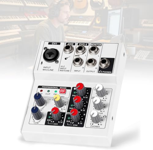 RXSKERTL 4-Channel Professional DJ Audio Mixer Interface Sound Board, White