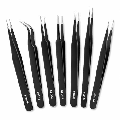 7-Piece Stainless Steel Precision Tweezers Set,Anti-Static, for Electronics, Craft, Jewellery, Soldering, Laboratory,Hobby etc