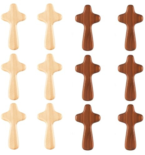 KxrTpx Wooden Cross, Holding Cross, Set of 12 Natural Wood and Coffee Brown Small Wooden Crosses for Christian Crafts, Pocket Prayer, Meditation and DIY Activities, Measuring 6.2 cm by 3.4 cm