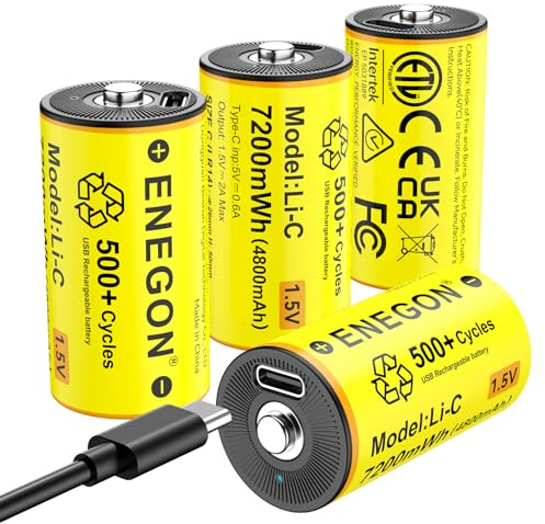ENEGON Paquete de 4 pilas recargables C/LR14, 1,5 V, 7200 mWh, de iones de litio con cable de carga rápida USB-C, ideal para reproductores de CD, radios, linternas, luces de campamento/emergencia