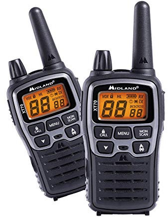 Midland XT70 Funkgerät, Dualband Walkie Talkie, professionelles Funkgerät mit 69 LPD und 24 PMR446 Kanälen, Schnellladung, 12 km Reichweite, 38 Töne, 83 Codes, Farbe Grau, Set mit 2 Funkgeräten, C1180