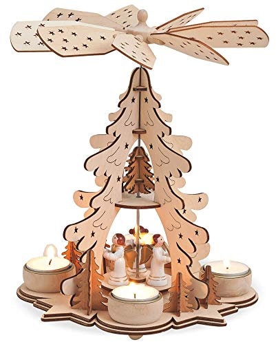 matches21 Weihnachtspyramide 1-stöckig Tannenbaum & Engel für Teelichter Holz Tischdeko Adventspyramide 1 STK 22x27 cm