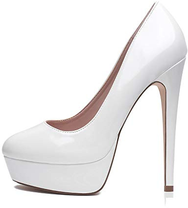 GENSHUO Stiletto högklackade plattformspatent, 14 cm/5,5 tum sexiga plattformskor skor för kvinnor storlek 36 – 48, - Vitt - 39 EU
